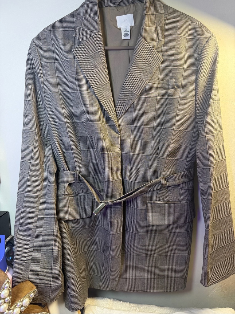 Woman Plaid Belted Blazer - Gray H&M